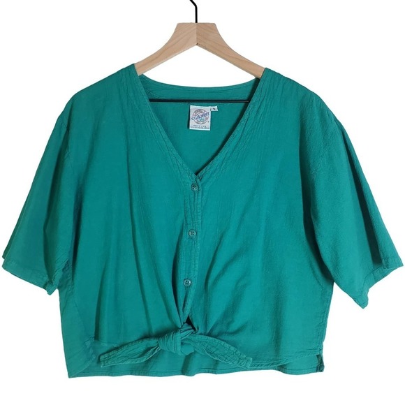 Club‎ West Cotton Button Tie Front Blouse Short Sleeve S Green - Picture 1 of 7